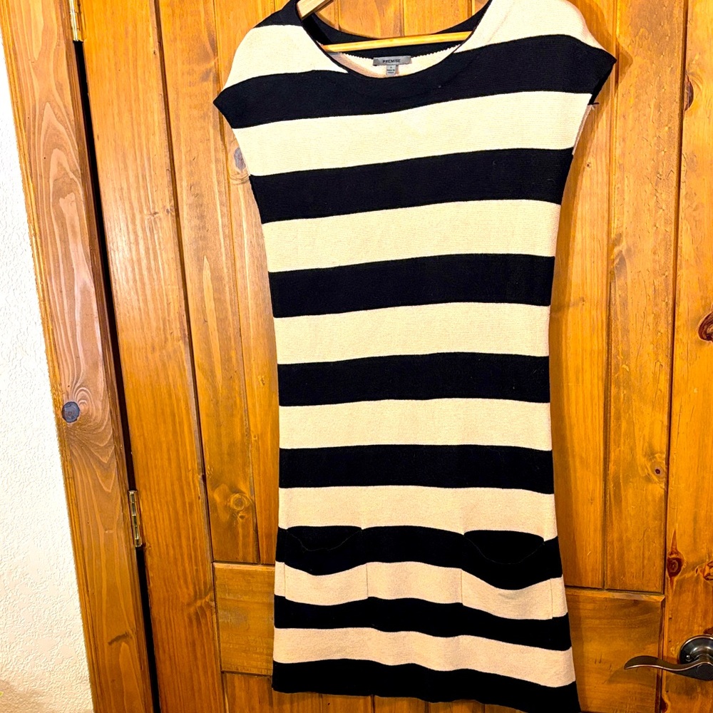 Premise Black and Tan Striped Midi Sweater Dress Size S
